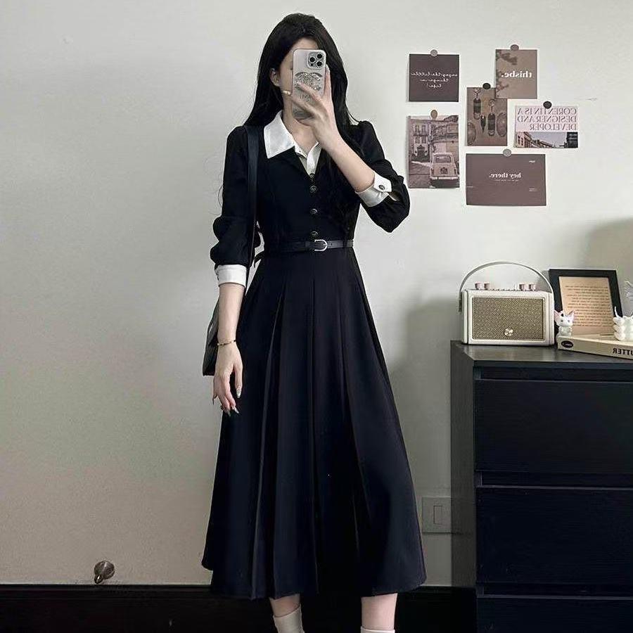 French Retro Temperament Waist Black Fake Two-piece Long-sleeved Dress College Style Thin Medium and Long Hepburn Style Skirt