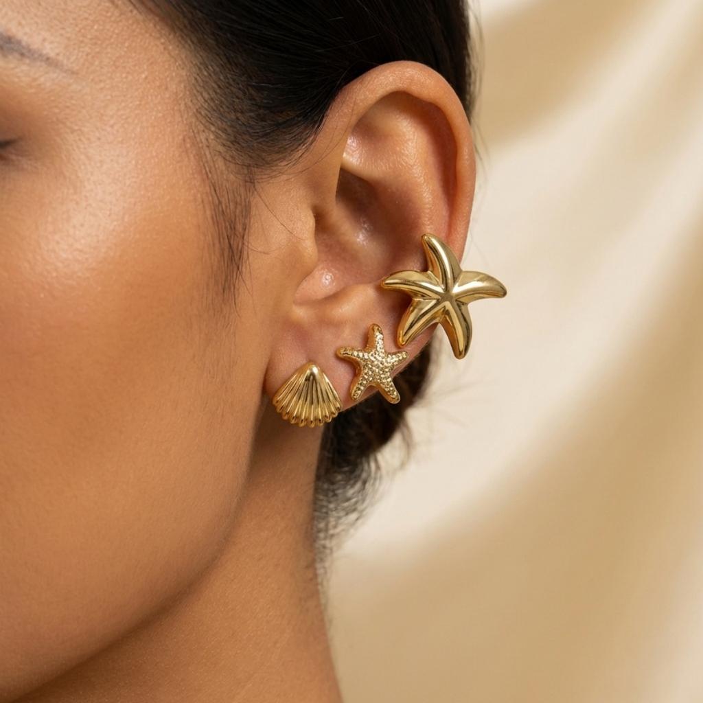 CCB Shell Starfish Stud Earrings Set For Women Men Conch Spiral Waterdrop Earrings Fashion Summer Beach Seaside Party Zircon