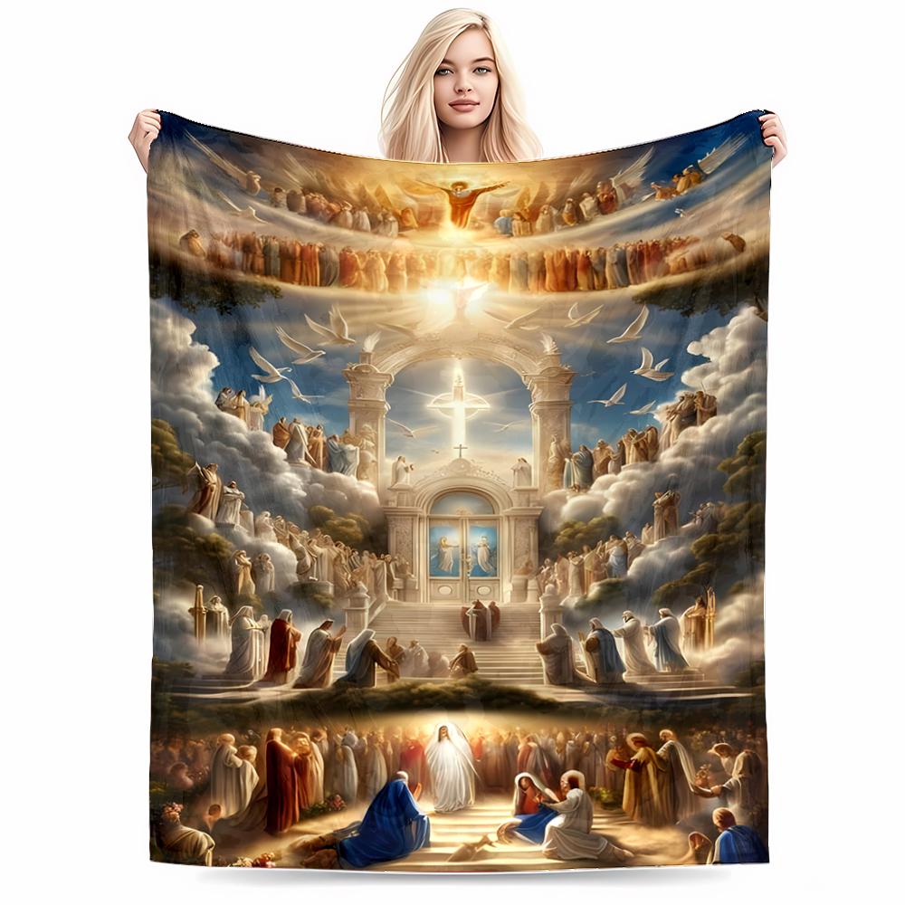 Heavenly Scene with Angels and SaintsFlannel blanket for bedroom, living room, sofa, and nap