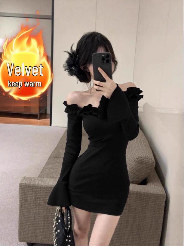 Spicy One-Shoulder Lace Bodycon Mini Dress with Bell Sleeves S