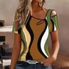 Women Flower Pattern Print Cold Shoulder Short Sleeve T Shirt Irregular Cutout Neck Casual Summer Blouse Top