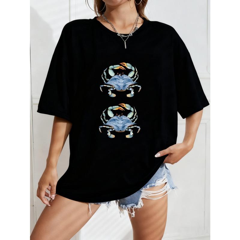White Oversized T Shirt With Blue Crab Print For Casual Wear