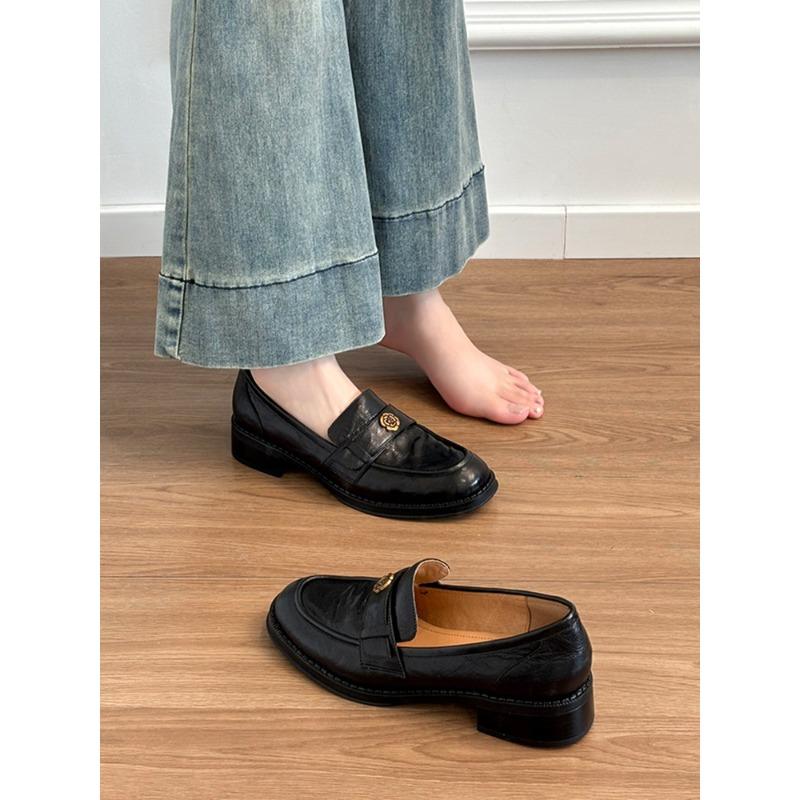 Rindslederversion~ echtes Leder neue dicksohlige Kamelie Ein-Pedal Damen Retro kleine Lederschuhe Einzelne Schuhe