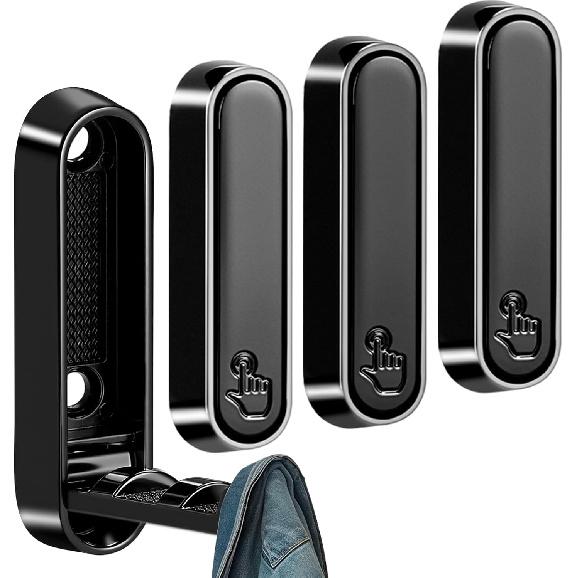 4PCS Folding Coat Hooks Black Wall Hooks Foldable Closet Hook Wall Hook Heavy Duty Hooks Wall Mounted for Hanging Coats Scarves Bathrobes Hats Towels 4