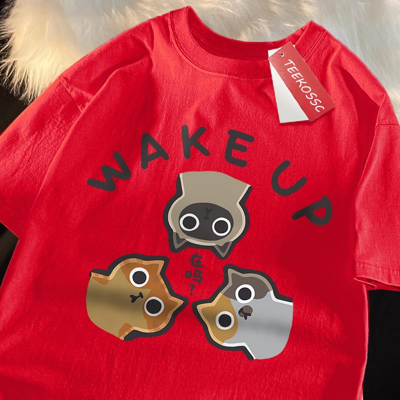 Wake Up 3 Onlookers Of Cats Japanese Style Menswear Cotton Tee Clothes T-Shirts Oversized Quality Shirts Fashion Crewneck Tshirt