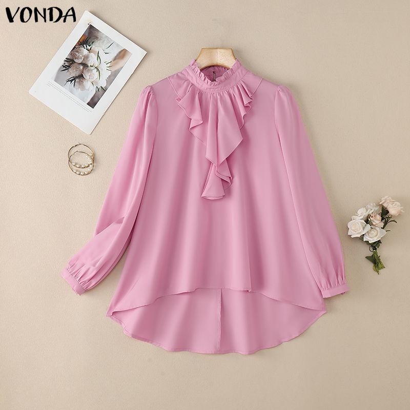

VONDA Women Elegant Casual Ruffled Stand Neck Loose Long Sleeve Irregular Blouse 3XL розовый