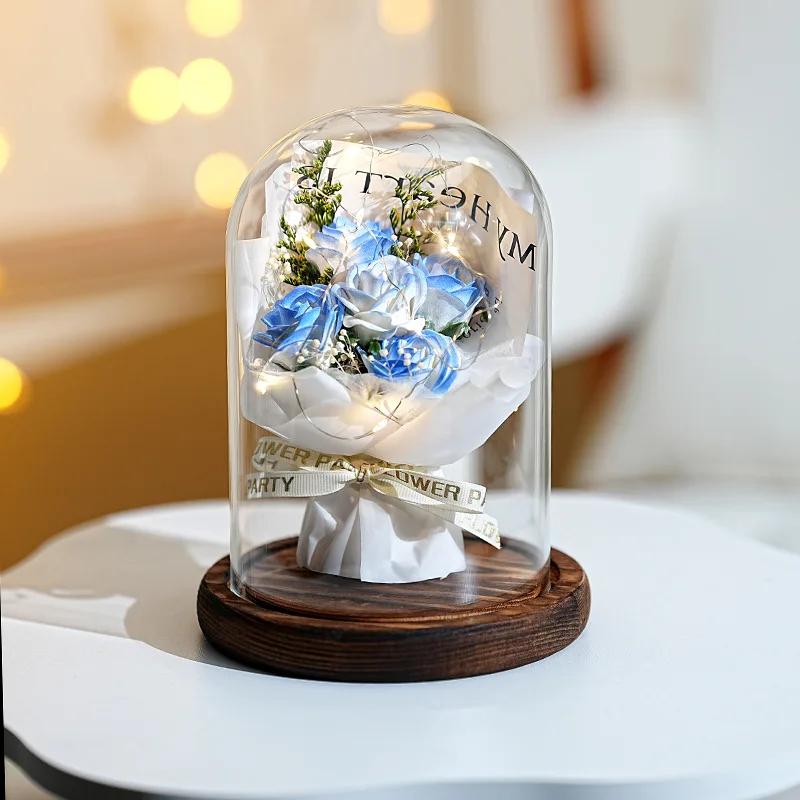 Real Dried Sunflower Bouquet with LED Light Real Eternal Roses Lamp Sunflower Glass Cover Graduation Valentine's Mother's Gift