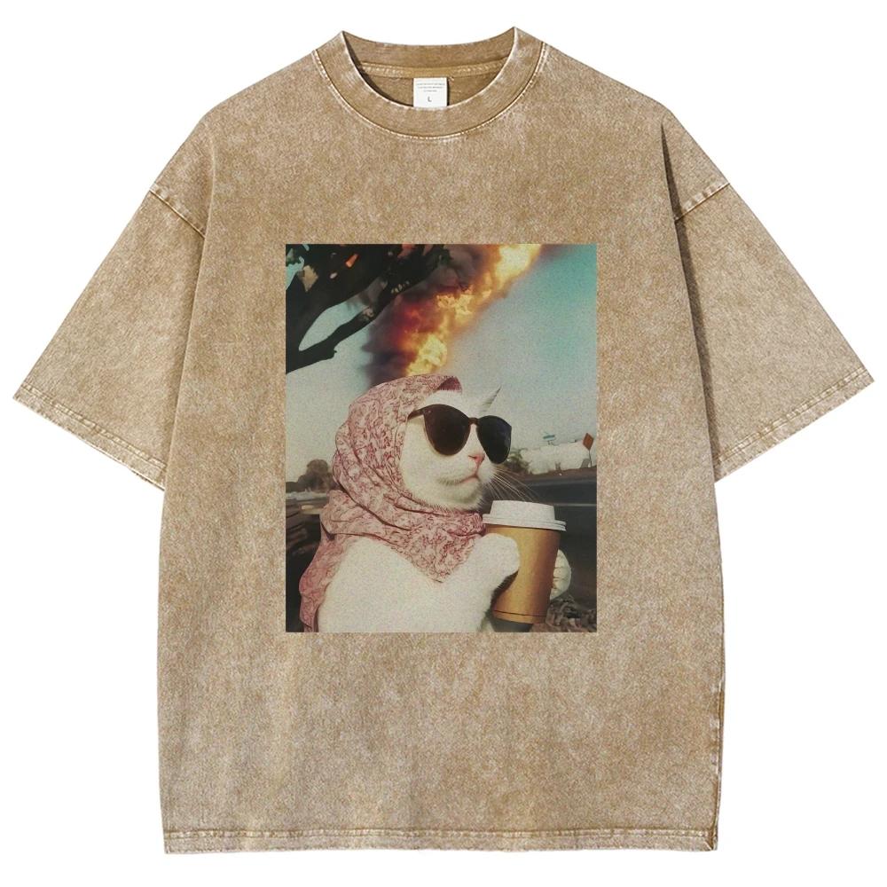 Cool Cat Meme T Shirts Unisex Washed Tees Men Women's Fashion Short Sleeve T-shirts Cotton Oversized T-shirt Streetwear