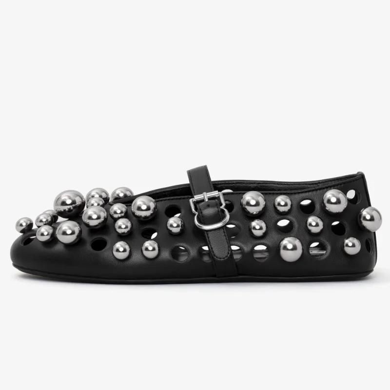 Fashion Luxury Black Pearl Round Head Buckle Ballet Sandals Summer Autumn Metal Hollow Commuting Casual Mary Jane Single Shoe Size 45