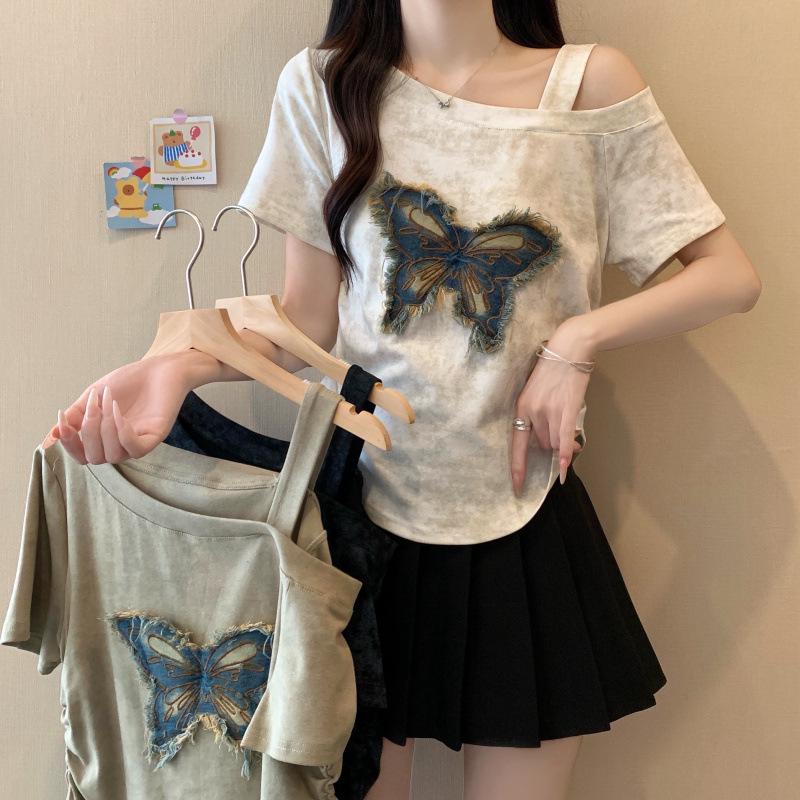 2026 Summer Plus Size Women s Tie-Dye Butterfly Off-Shoulder Top L