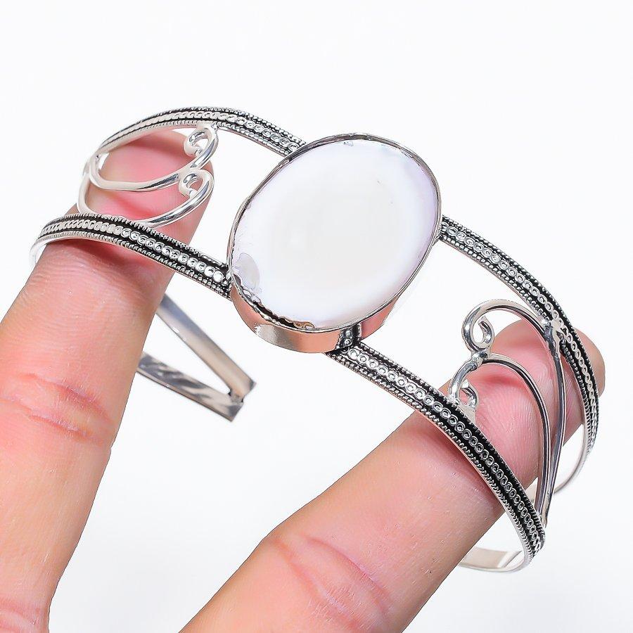 Natural Mother Of Pearl Gemstone 925 Sterling Silver Cuff Bangle Adjustable Q6W07