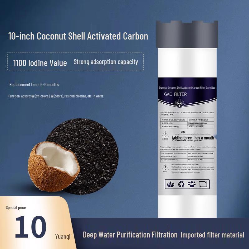 10" Granular Activated Carbon Water Purifier Filter Element - 1100 Iodine Value, UDF Core.
