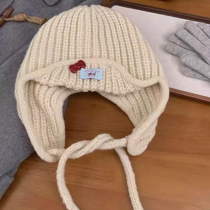Warm Cozy Knitted Ear Flap Hat Cute Cherry Decor Perfect For Winter Outdoor Wear Women Teen Girls