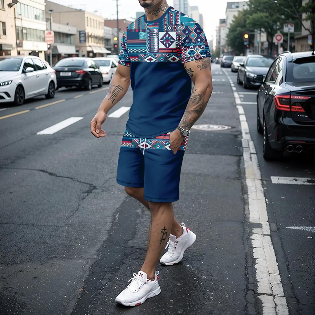 2-piece Men's Color Block Summer Leisure Outfit Set, Digital Print Men's Short Sleeve T-shirt & Drawstring Shorts With Pockets