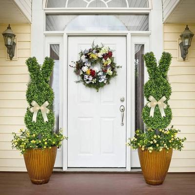 2 Pièces Arbre Topiaire Lapin Artificiel avec Pique Résistant aux UV Printemps Buissons Faux Buis Arbustes en Forme de Lapin Artificiels pour Jardin Patio Porche d'Entrée Intérieur