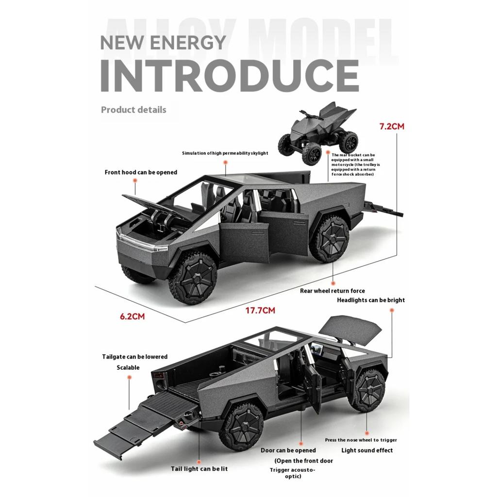 1/32 Scale Tesla Cybertruck Pickup Trailer RV Metal Alloy Toys Car Model Diecast Off-road Vehicle Gift for Boys Kids Collection Truck Ornaments