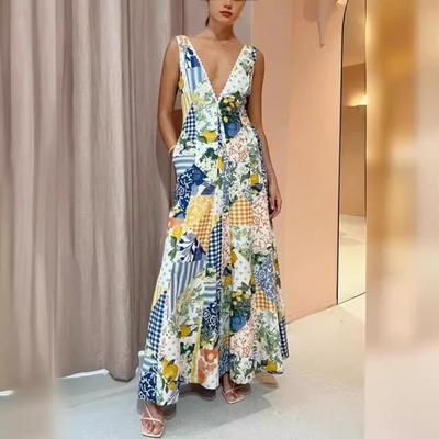 Summer Casual Cotton Linen Printed Women's Sleeveless Big V-neck Big Swing Dress