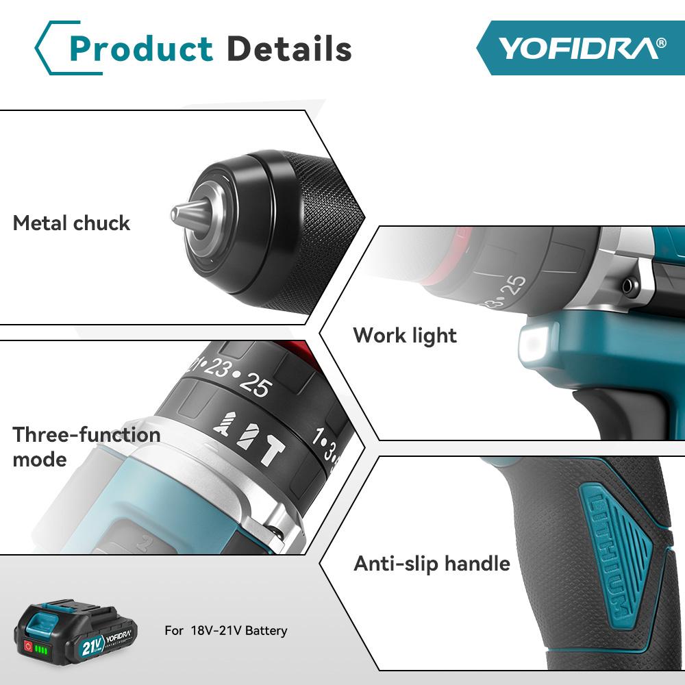 YOFIDRA 3IN1 Electric Impact Drill 25+3 Torque Handheld Cordless Impact Drill Woodworking Power Tool For Makita 21V Battery Pin