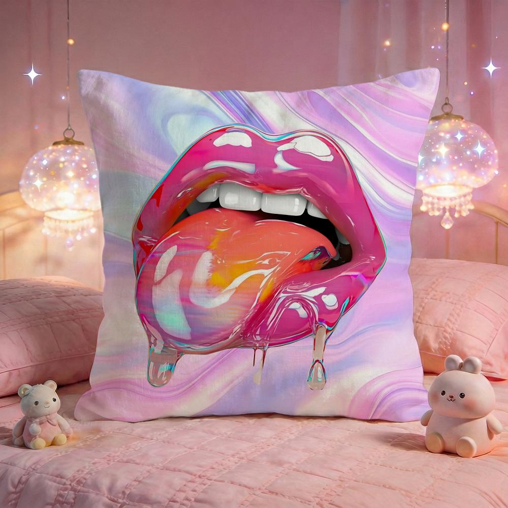 Glossy Red Lips Art Cushion Cover Premium Comfort Reversible Pillow Cove Two In One Design for Any Room  Car Interior