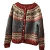Women's Pink V-Neck Knit Cardigan with Jacquard Floral Pattern