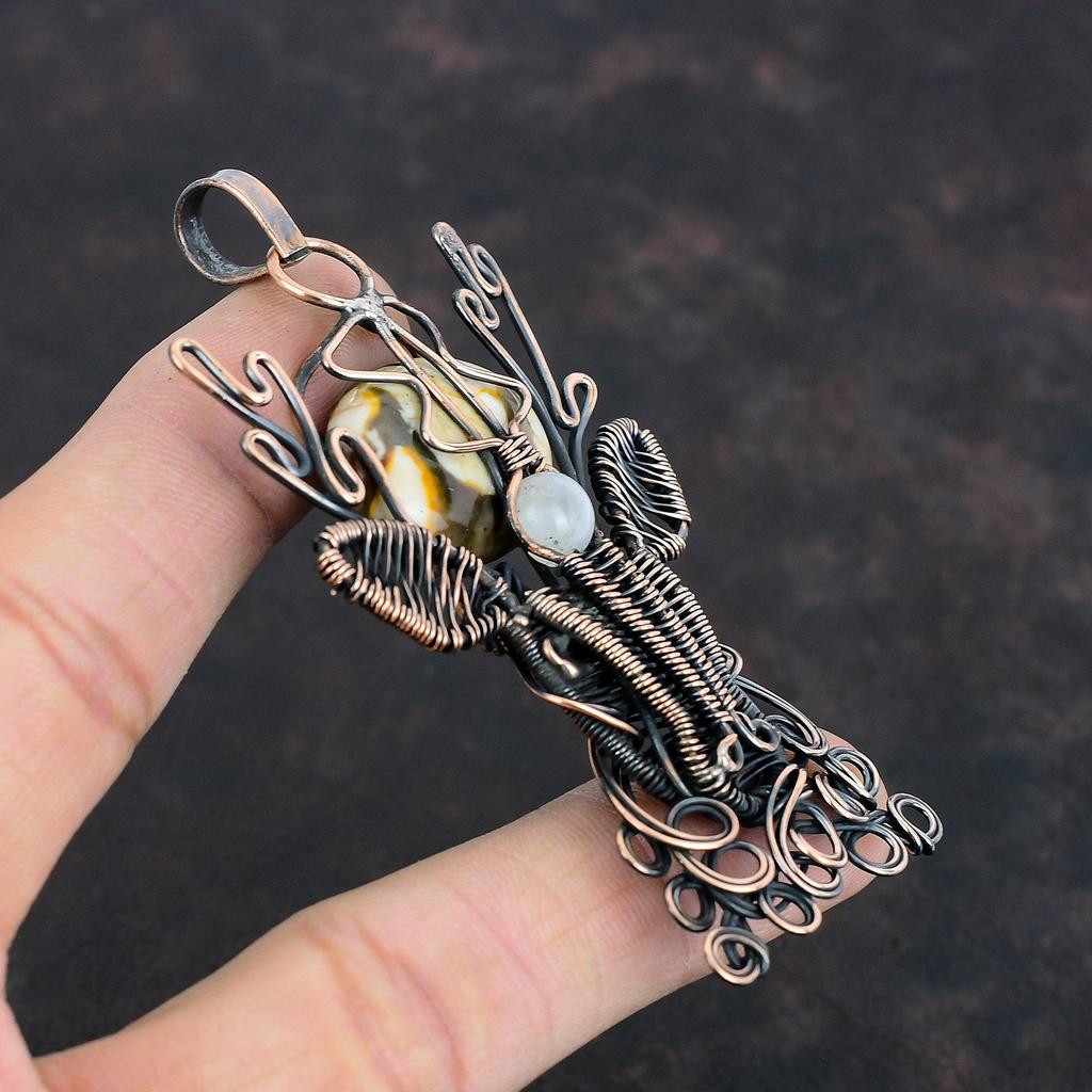 Peanut Wood Jasper Pendant Copper Wire Wrapped Gemstone Jewelry Deer Face Pendant Moonstone Pendant Handmade Jewelry Copper Pendant For Gift
