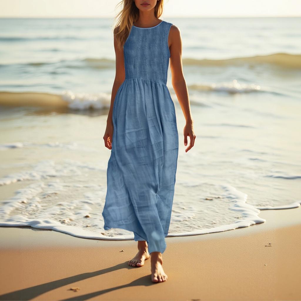 Modisches und lässiges einfarbiges Kleid aus Baumwolle und Leinen für Damen