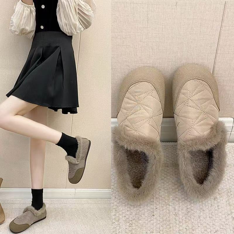 

2025 winter new retro velvet round head one-pedal warm beanie shoes women s down fabric lamb wool cotton shoes 41