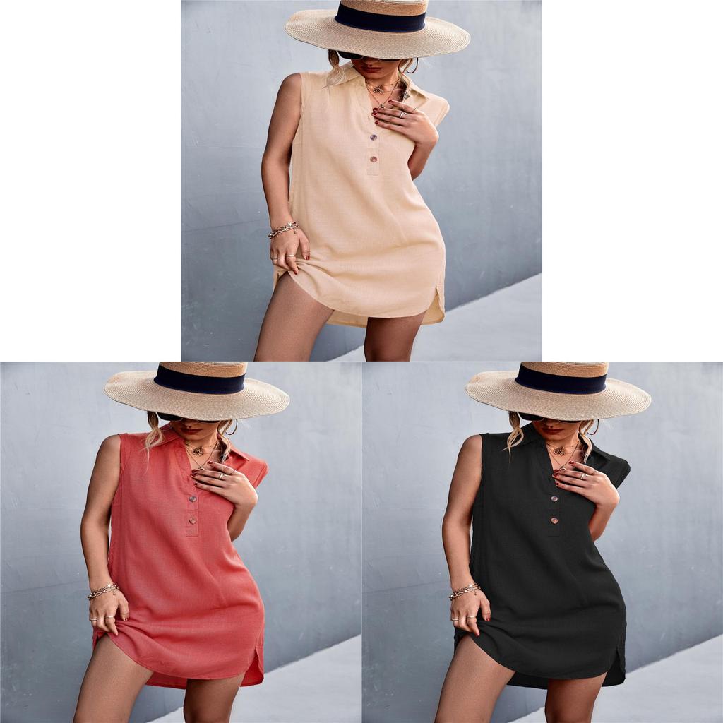 Classic Cotton Linen Sleeveless Dress With Button Details For Casual Summer Wear