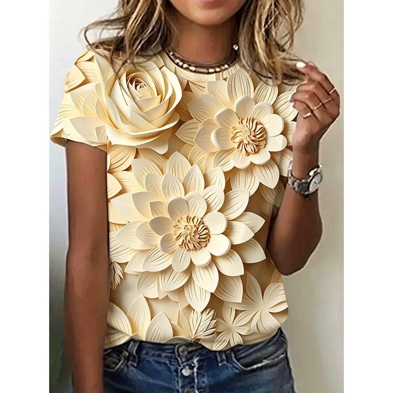 Camiseta de moda de verano para mujer, camiseta con estampado Floral 3d, Tops de talla grande, ropa para mujer, Top femenino de uso diario, camiseta de manga corta para mujer