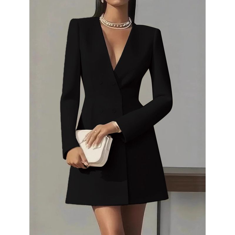 European and American Autumn Double Breasted Solid V-neck Suit French style Women clothes Long sleeve Professional Dress Female Suit Dress