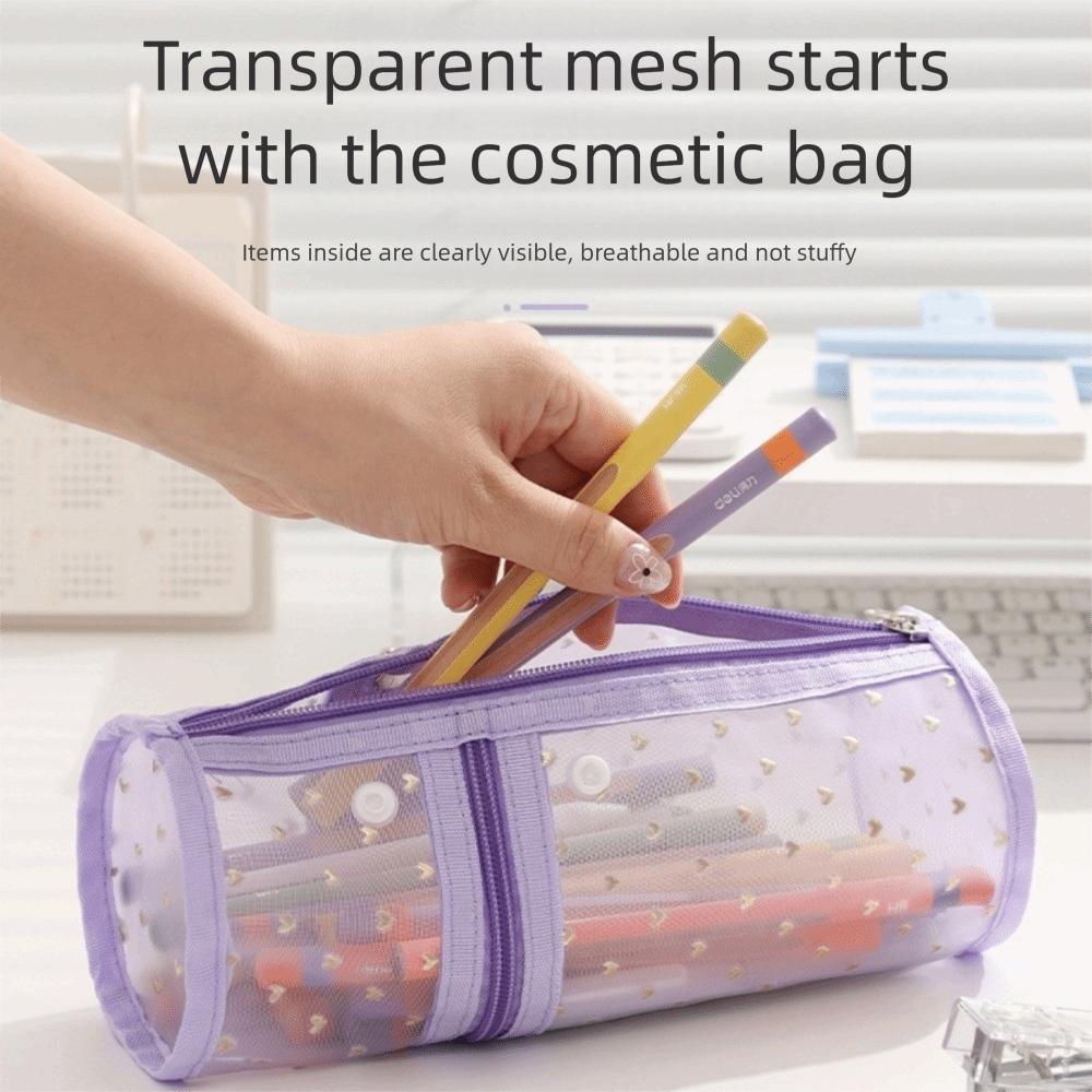 Portable Large Capacity Mesh Pencil Case Multifunctional Love Pencil Pouch Transparent