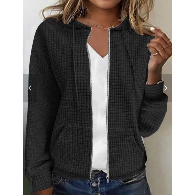 Womens Solid Color Hooded Zip Up Loose Long Sleeve Waffle Knit Sweatshirt