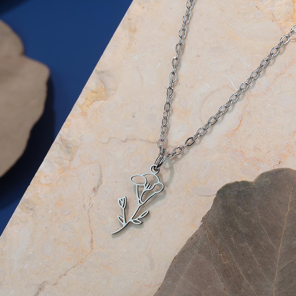 Kinitial Stainless Steel Morning Glory Birth Flower Pendant Necklaces For Women Girls Trendy Birthday Gifts For Friends Lover
