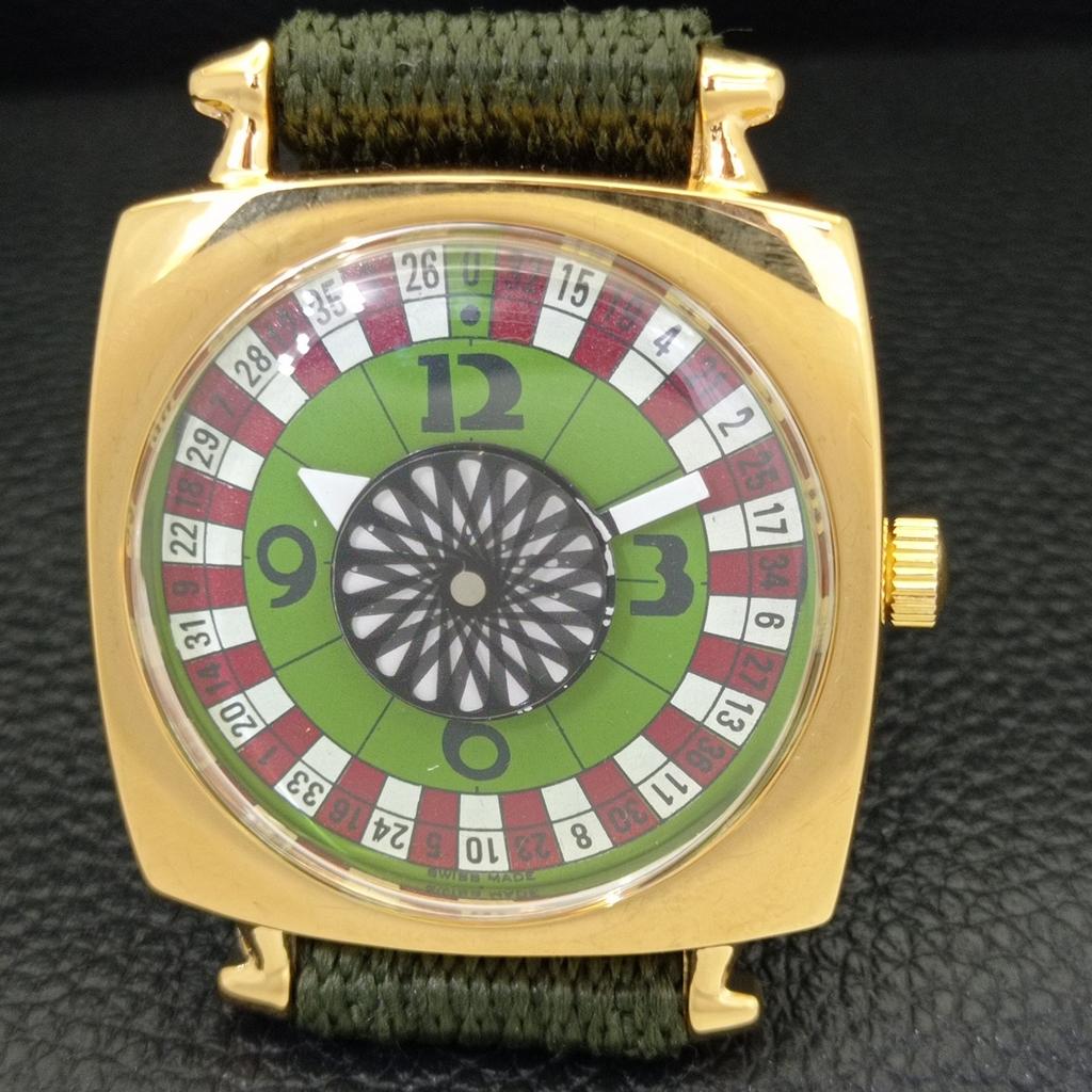HAND-WINDING VINTAGE SWISS MENS POKER FACE GREEN COLOR DIAL WATCH A701123-5 R205b-a701123