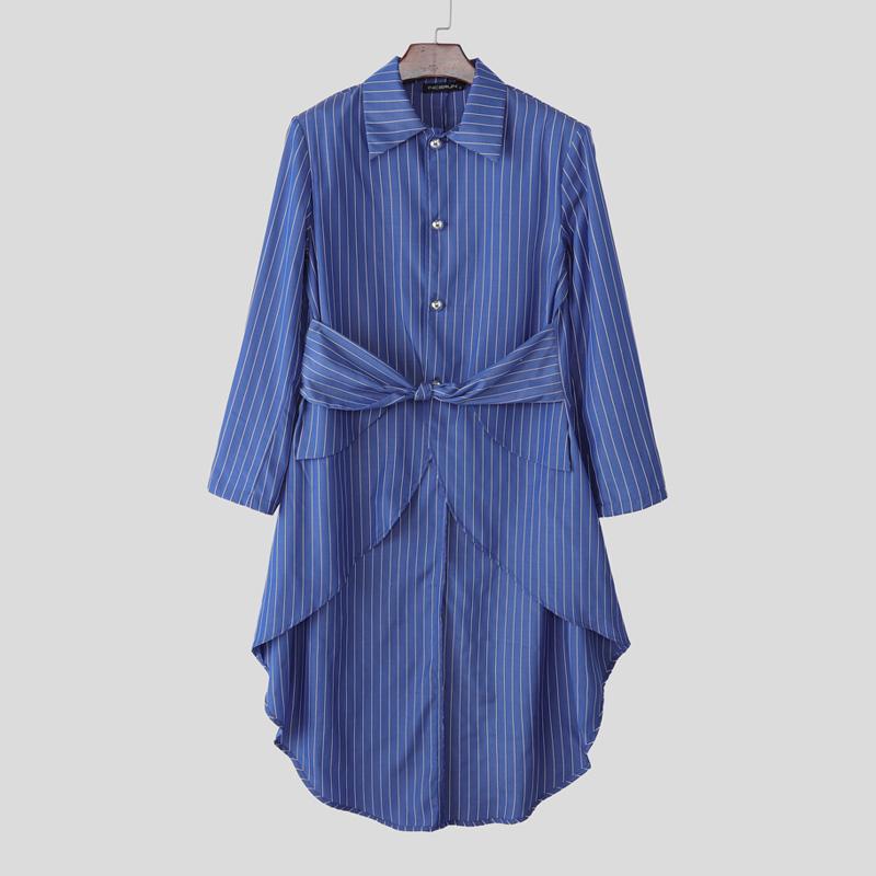 

INCERUN Men Lapel Neck Long Sleeve Striped Irregular Splits Casual Long Shirts Tops 5XL темно-синий