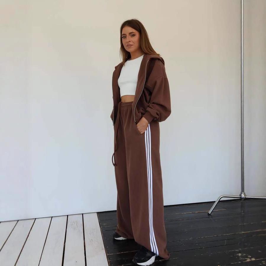 Sport und Freizeit neue Kapuzenjacke Kordelzug locker gerade kontrastierende gestreifte Hose Wide-Leg-Hose zweiteiliges Set Damen