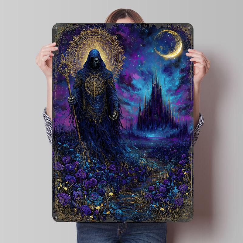 

Grim Reaper in Floral Fantasy Landscape Tinplate Poster Customized Wall Art Vintage Retro Metal Signs for Home Decorations Decor 7.9x11.8In(20x30cm)