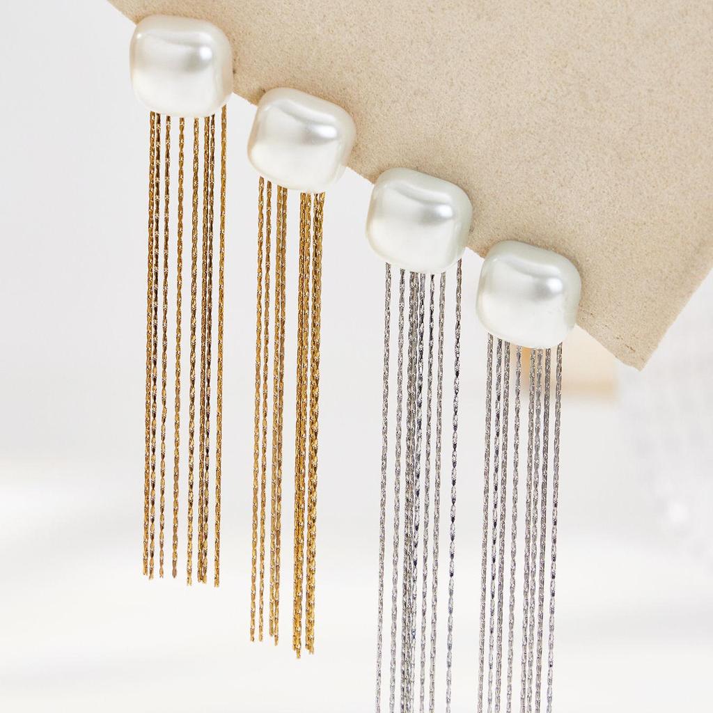 18K Gold Plated Stainless Steel Geometric Pearl Tassel Earrings - Versatile European & American Fashion Style