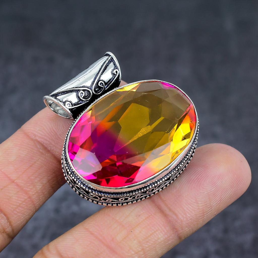 Natural Bi-Color Tourmaline 925 Sterling Silver Jewelry Pendant 1.58" k3e04
