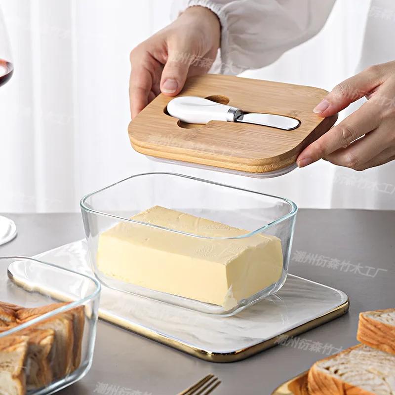 Butter Container Glass Box Restaurant Sealed Storage Box Fresh Cheese Box with Knife Butter Slicer Butter Dish Tableware Butter