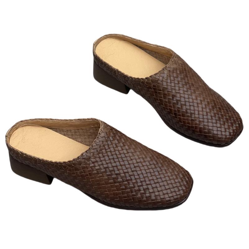 Women's Shoes, Retro Flip-top Breathable Slippers, Square-toed Half-heeled Shoes