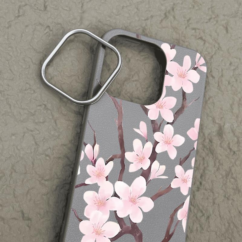 Hand-drawn Style Sakura Pattern Case For iPhone 17 Pro Max Leather Texture Soft Silicone Cover For iPhone 16 15 14 13 Pro 12 11 16E Air