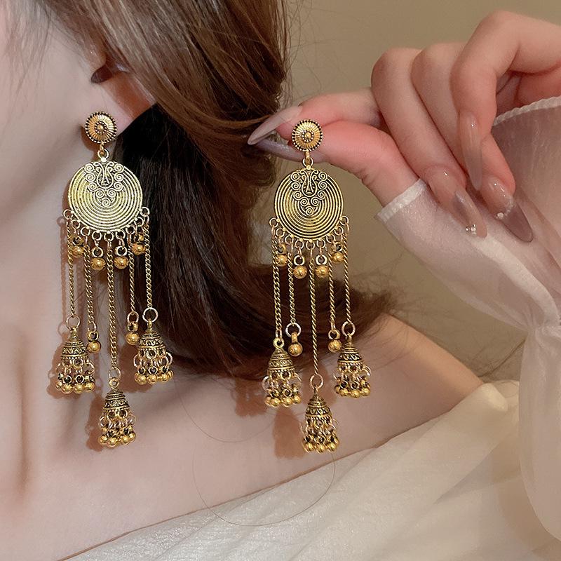 Retro Ethnic Style Round Wind Chime Earrings with Tassel and Silver Needle - High-Grade Metallic Texture for Women
