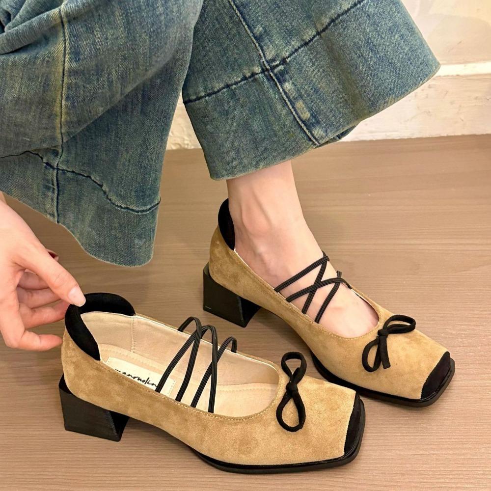 High Heels Women Shoes Retro Suede Bow Mary Jane Shoes Women Spring Versatile Thick Heel Single Shoes Tacones Mujer