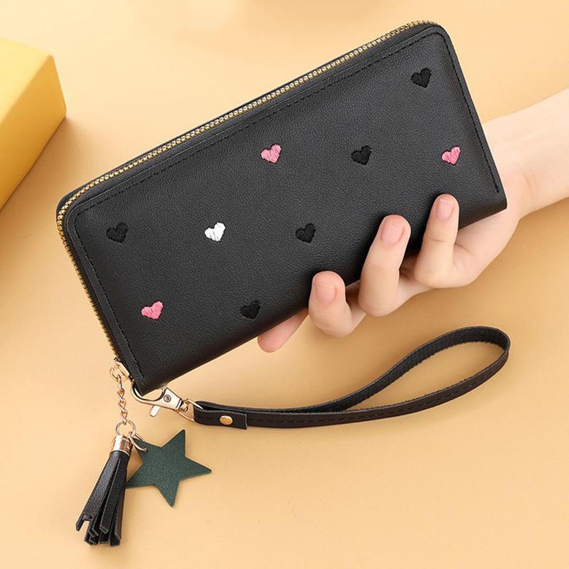 New Long Women Wallet With Heart-Shaped Korean Style Tassel Embroidery Card Holder For Women