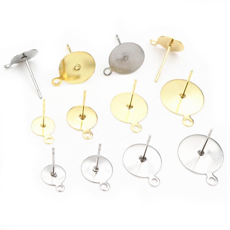 50-100pcs/lot No Fade Stainless Steel Gold Color Blank Earring Stud Fit 4 5 6 8 10 12mm Cabochon Cameo Settings Accessories DIY