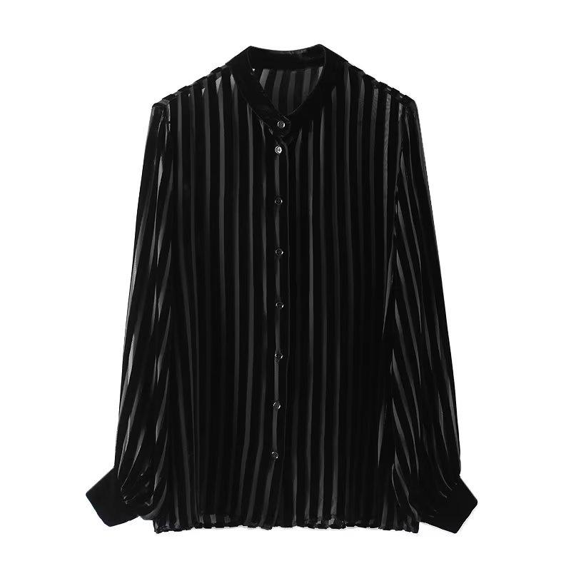 2024 Spring/Summer Black Women's Street Fashion Velvet Drape Cardigan - Long-Sleeved Shirt