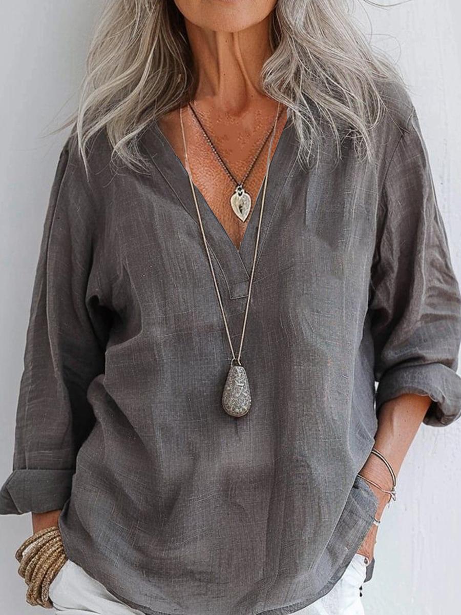Spring New Women s Casual Loose Fashion Long Sleeve Cotton Linen Solid Color Retro V-Neck Crewneck Shirt S
