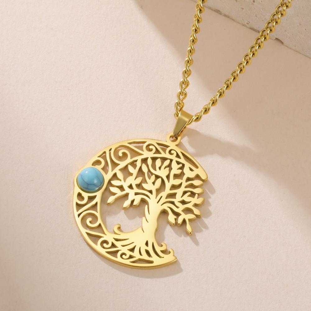 Dawapara Vintage Turquoise Crescent Moon Tree of Life Necklace Filigree Celtics Moon Wiccan Pendant Stainless Steel Jewelry