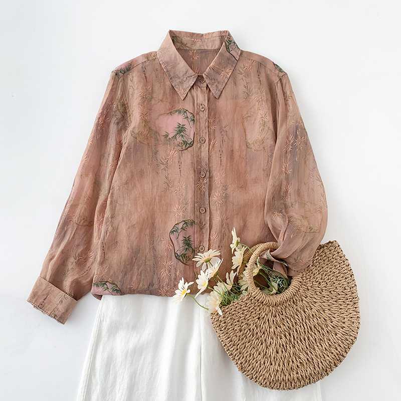 Ink Printed Long Sleeved Shirt Retro Artistic Loose Fit Baita Chinese Style Shirt Top for Women Shirt